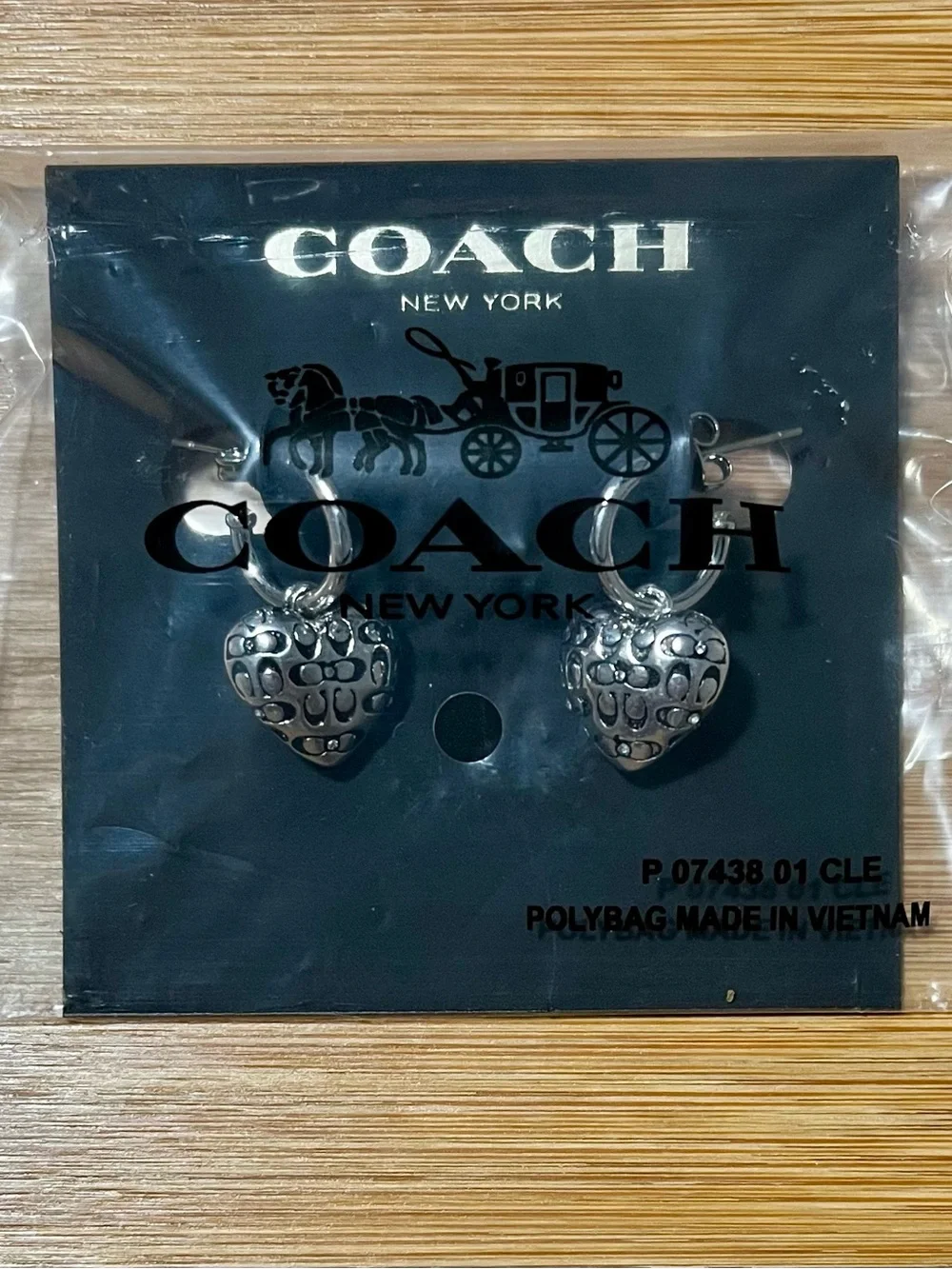 Coach Silver Tone Earrings 3D Hearts w/ Signature C Logos Huggie Hoop Dangle